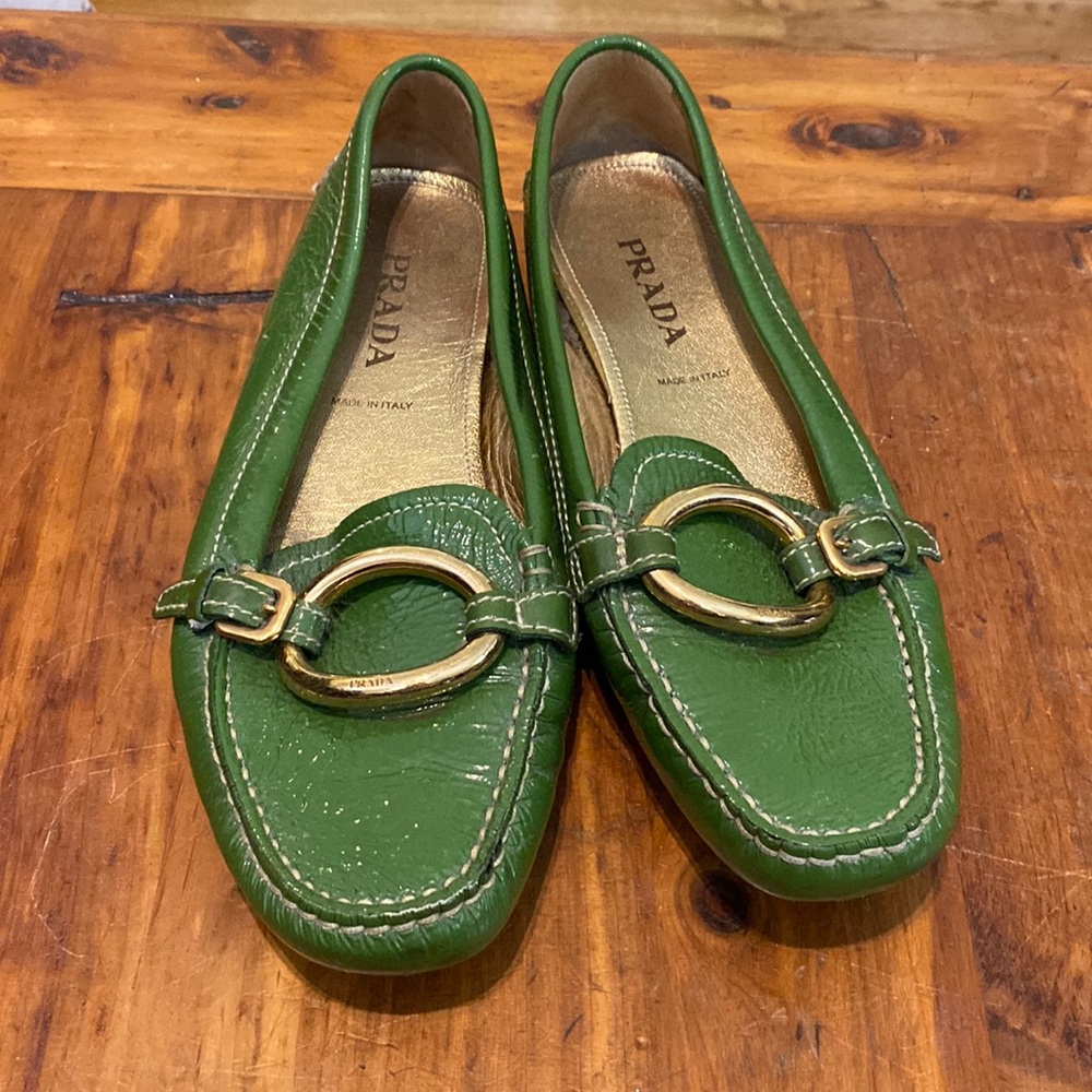 Beautiful Green Patent Leather Prada Loafers with gold buckle Size 37
